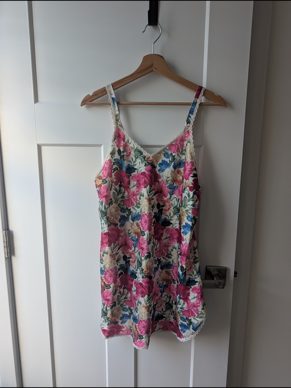 Vintage Pink Multi Floral Satin Lace-Trim Chemise